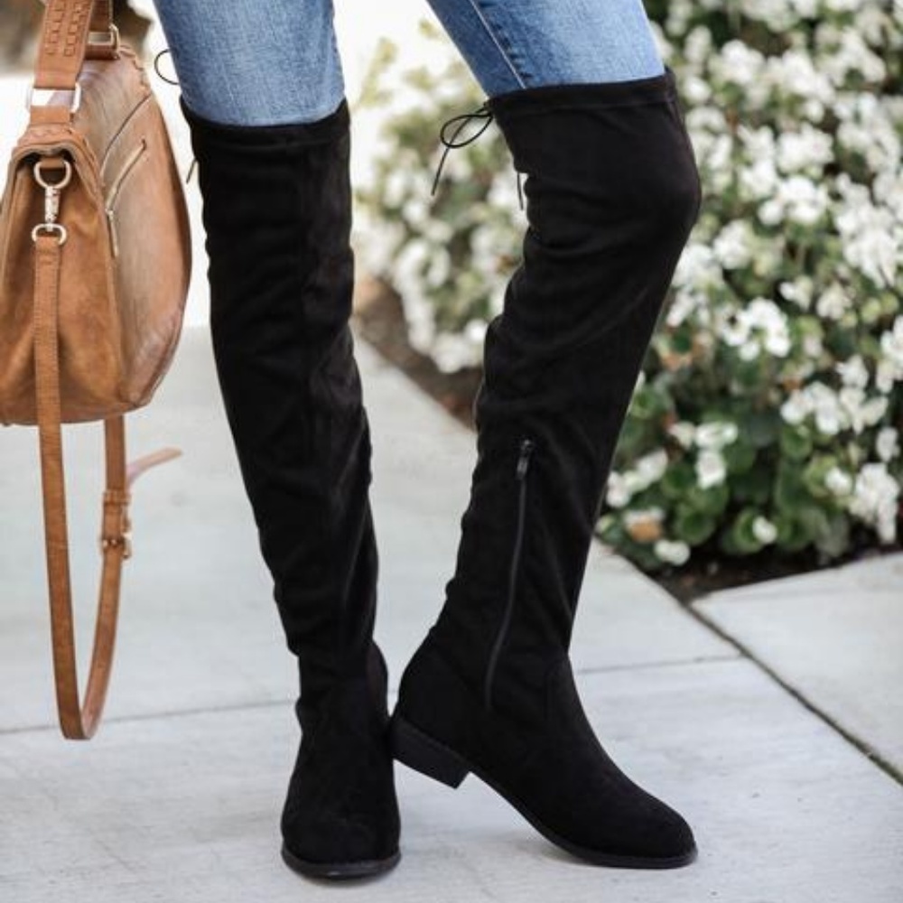 Vegan Suede Over the Knee Black Boots